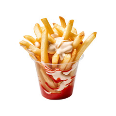 french fries with ketchup and mayonnaise, isolated PNG Transparent background, Clipping Path