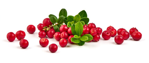 Forest wild berry cowberry with leaves, isolated on white background.