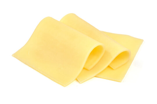 Slices of gouda cheese, isolated on white background.