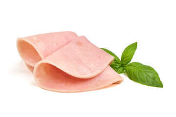 Boiled Ham Slices, close-up, isolated on white background.