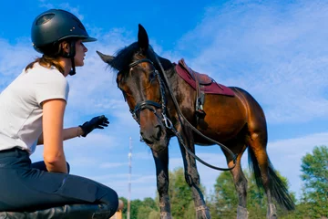 Foto op Canvas A horsewoman in a helmet hugs and scratches her beautiful black horse with her hand at the equestrian arena during a horseback ride © Guys Who Shoot