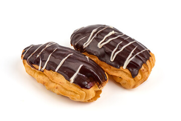 Chocolate eclairs, Custard cakes, isolated on white background.