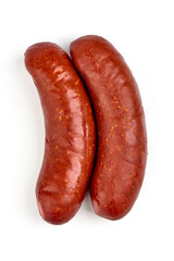 Smoked pork sausages, german cuisine, isolated on white background.