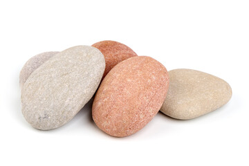 Multicolored sea pebbles, isolated on white background.