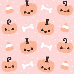 Cute hand drawn cartoon halloween spooky pumpkins, bones and candy cones seamless vector pattern background illustration for fall holidays