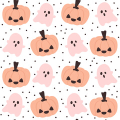 Cute hand drawn cartoon halloween pumpkins and pink ghosts seamless vector pattern background illustration for fall holidays
