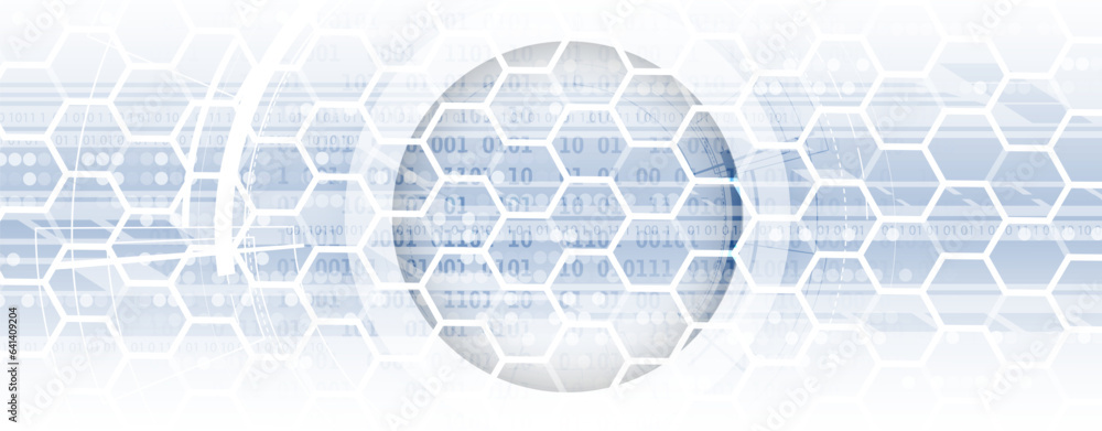 Poster Technology banner design with hexagons abstract background.