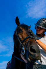A horsewoman in a helmet hugs and scratches her beautiful black horse with her hand at the...