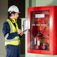 Building inspector man using digital tablet checking fire hose cabinet. Asian male worker in green...