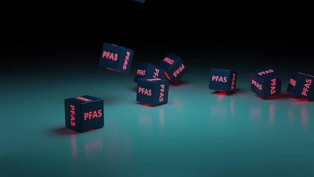 Cubes falls down with a PFAS signs on them. Red shining letters and a blue dark background.

3D rendered animation.