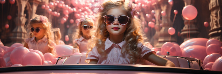 Süsses Mädchen im pinken glanz Outfit Sonnenbrille und Limousine lacht herzhaft im Querformat als Banner, ai generativ