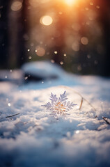 Fototapeta na wymiar Snowflake in winter sunshine on blur bokeh background. Christmas and New Year concept.