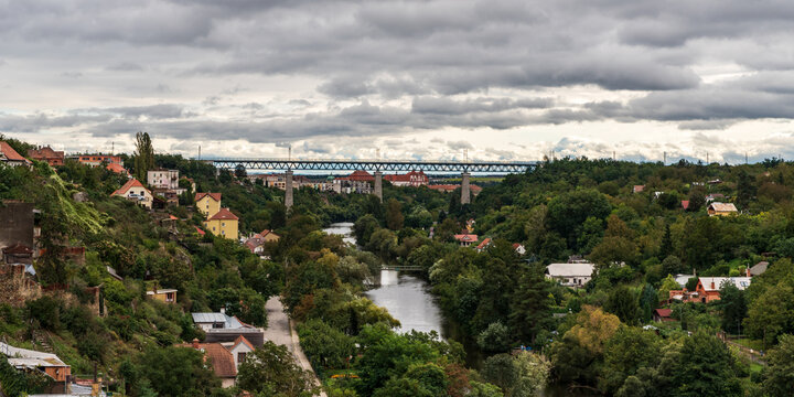 Dyje valley with railway bridge above and Loucky klaster monastery on the background from Znojemsky hrad castle in Znojmo city in Czech republic