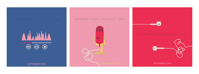 International Podcast Day. A set of square postcards for September 30th. Wired earbuds, equalizer sound wave, studio microphone. Vector illustration for design.