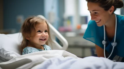Poster enfant souriant dans un lit d'hôpital avec une infirmière à ses côtés © Fox_Dsign