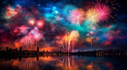 fireworks in the sky, fireworks at night, fireworks over the city, colored firework background