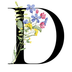 Floral alphabet, letter D with watercolor flowers and leaf. Monogram initials perfectly for wedding invitations, greeting card, logo, poster and other design. Hand painting.