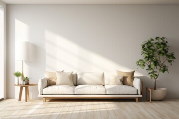 Fototapeta na wymiar Minimalist living room interior with wooden floor, decor on a large wall. Generative AI