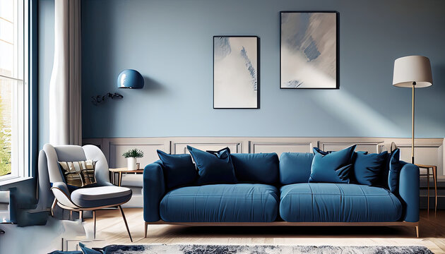 Dark blue sofa and recliner chair in scandinavian apartment. Interior design of modern living room background photo.