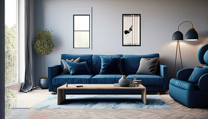 Dark blue sofa and recliner chair in scandinavian apartment. Interior design of modern living room background photo.