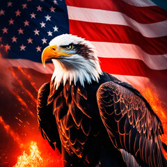 American eagle with american flag on fire background. 