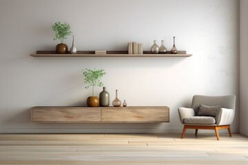Minimalist living room interior with wooden floor, decor on a large wall. Generative AI