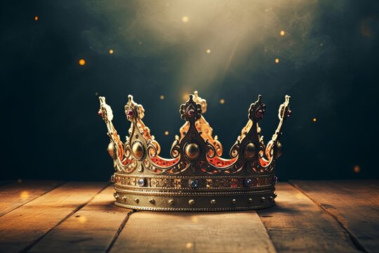 low key image of beautiful queen or king crown over wooden table. vintage filtered. fantasy medieval period, Generative AI