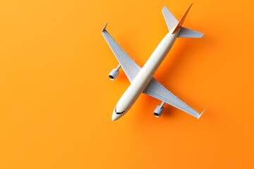 Top view of orange background and airplane. Concept of travel, vacation, Generative AI - obrazy, fototapety, plakaty