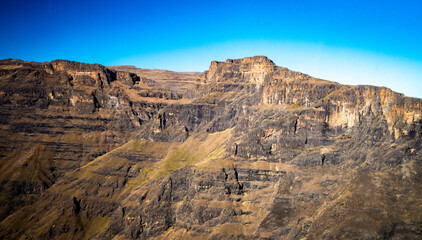 Aerial view of Cathedral Peak in Drakensberg mountains, at the Lesotho border in KwaZulu-Natal province, South Africa