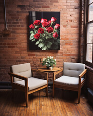 Stylish living room interior with mock up poster frame, nordic and contemporary style.