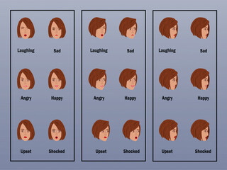 Cartoon female character kit. woman in casual clothing, different hands, legs poses and facial emotion. Characters constructor vector set