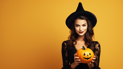 Fototapeta Magician woman wearing black costume and halloween makeup holding carved pumpkin, isolated over yellow background obraz