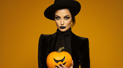 Magician woman wearing black costume and halloween makeup holding carved pumpkin, isolated over yellow background