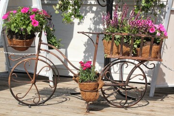 Fototapeta na wymiar Summer decorative white bicycle with basket flowers in green garden. Flower pots in ornate bicycle in city park. Landscaping design. Decorative flower stand in the shape of a bicycle with flower pots