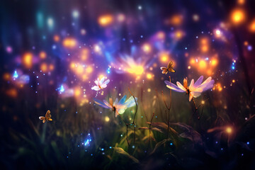 Magical firefly field at night. Lightning bugs in an enchanted landscape. Abstract glowing wallpaper background - obrazy, fototapety, plakaty