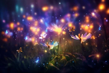 Poster Magical firefly field at night. Lightning bugs in an enchanted landscape. Abstract glowing wallpaper background © Karol
