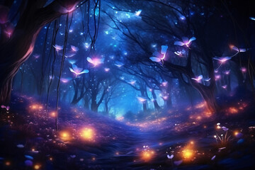 Magical firefly field at night. Lightning bugs in an enchanted landscape. Abstract glowing wallpaper background - obrazy, fototapety, plakaty