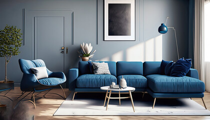Dark blue sofa and recliner chair in scandinavian apartment. Interior design of modern living room background photo.