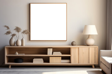 Blank horizontal poster frame mock up in style living room interior, modern living room interior background. Generative AI