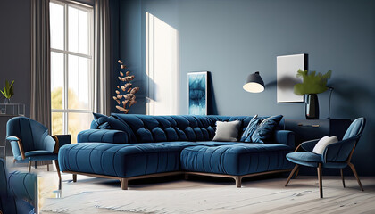 Dark blue sofa and recliner chair in scandinavian apartment. Interior design of modern living room background photo.