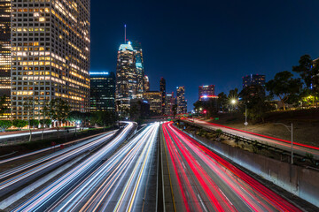 Night long exposure of the CA-110 freeway in Downtown Los Angeles