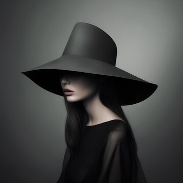  Vintage portrait of mysterious woman with black hat in black 