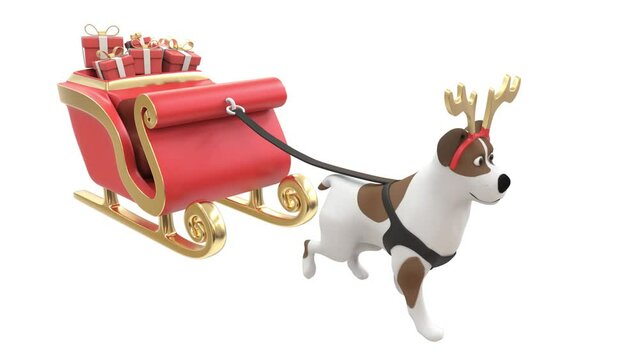 Santa's sleigh with Christmas presents pulled by a dog. 3D rendering.