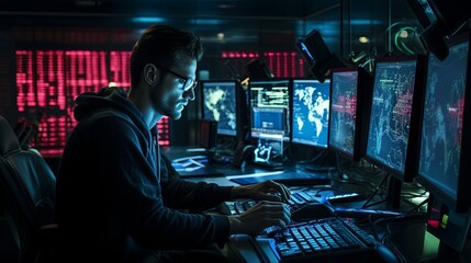 side of hacker scam working on monitor screen full of datacode computer coding in dark room