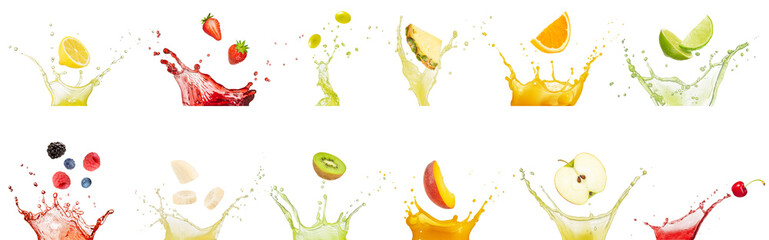 Set of fruit slices and berries falling into juice splashes in a line isolated on white background. Authentic studio photos of healthy drinks.