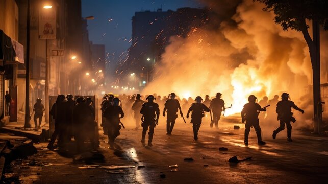 Police fending off demonstrators amid tear gas-filled riots in the streets. Generative AI