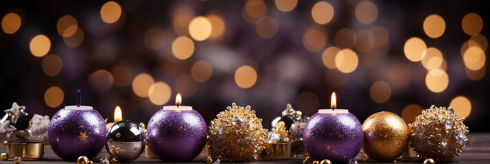 Obraz na płótnie Canvas Fantastische lila Dekoration mit Christbaumkugeln und Lichter Bokeh zu Weihnachten im Querformat als Banner, ai generativ