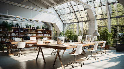 Fototapeta na wymiar Modern Industrial Office: Brown Accents Elevate Clean White Elegance