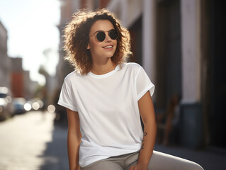 Attractive young woman wearing blank empty white t-shirt mockup for design template