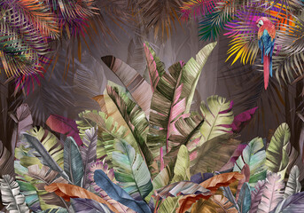 Tropical palm leaves. Fresco, Wallpaper for internal printing. 3D Illustration